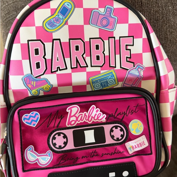 Barbie Pink and White Checkerboard Kids Backpack with Sticker Graphics